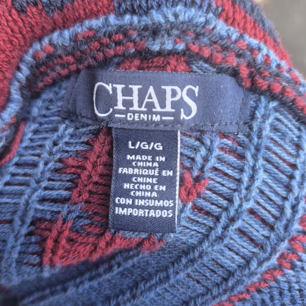 Chaps Denim Hooded Sweater Vest Large Southwest Aztec Tribal Knit Button Front - Picture 5 of 8